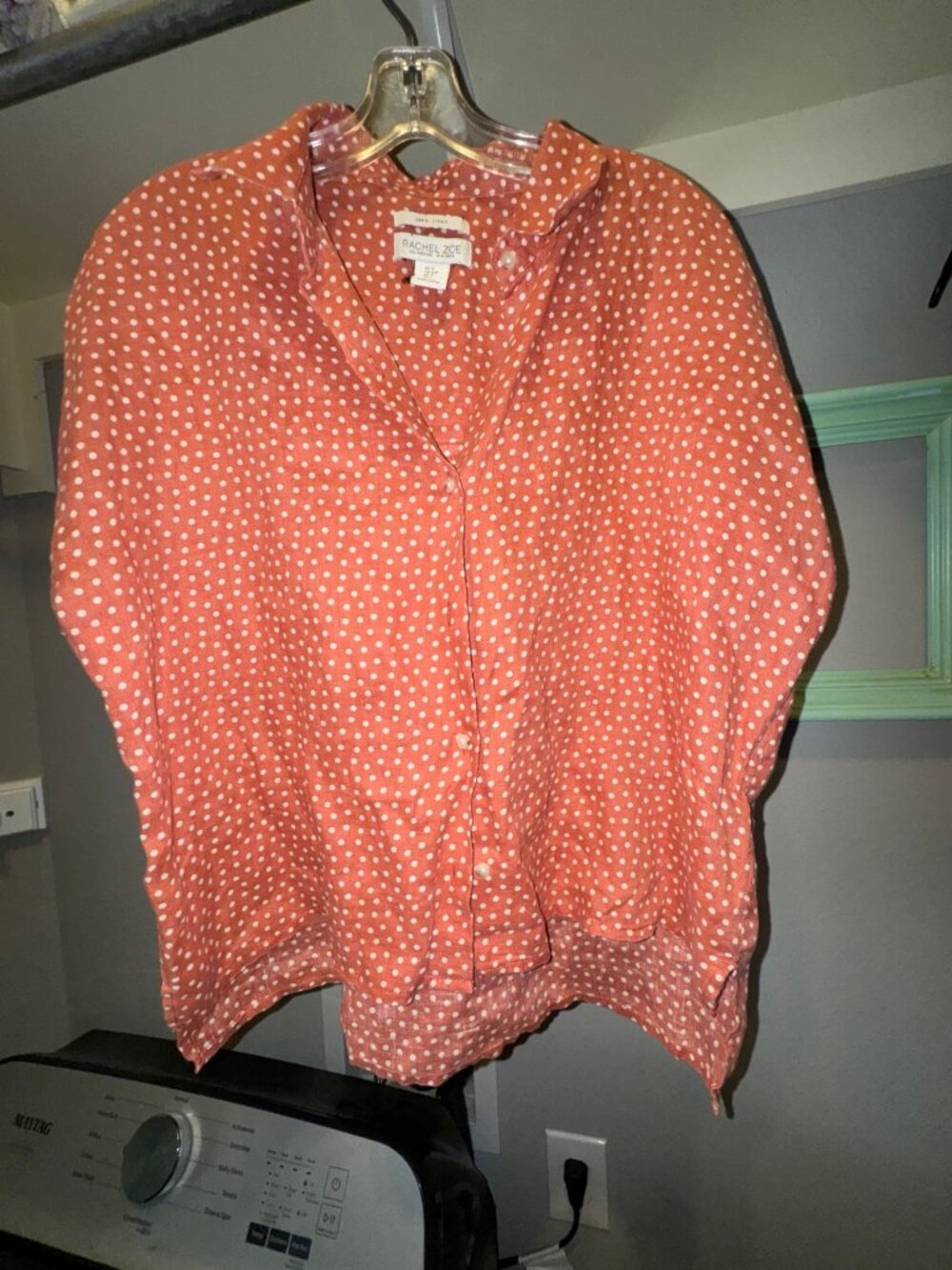 Rachel Zoe 100% Linen Coral White Polka Dot Blouse S
